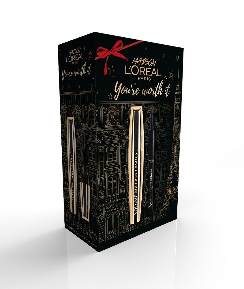Gjafaaskja frá L'Oréal Paris sem inniheldur svartan Volume Million Lashes-maskara og svartan eyeliner-penna. Lyfja, 3.038 kr.