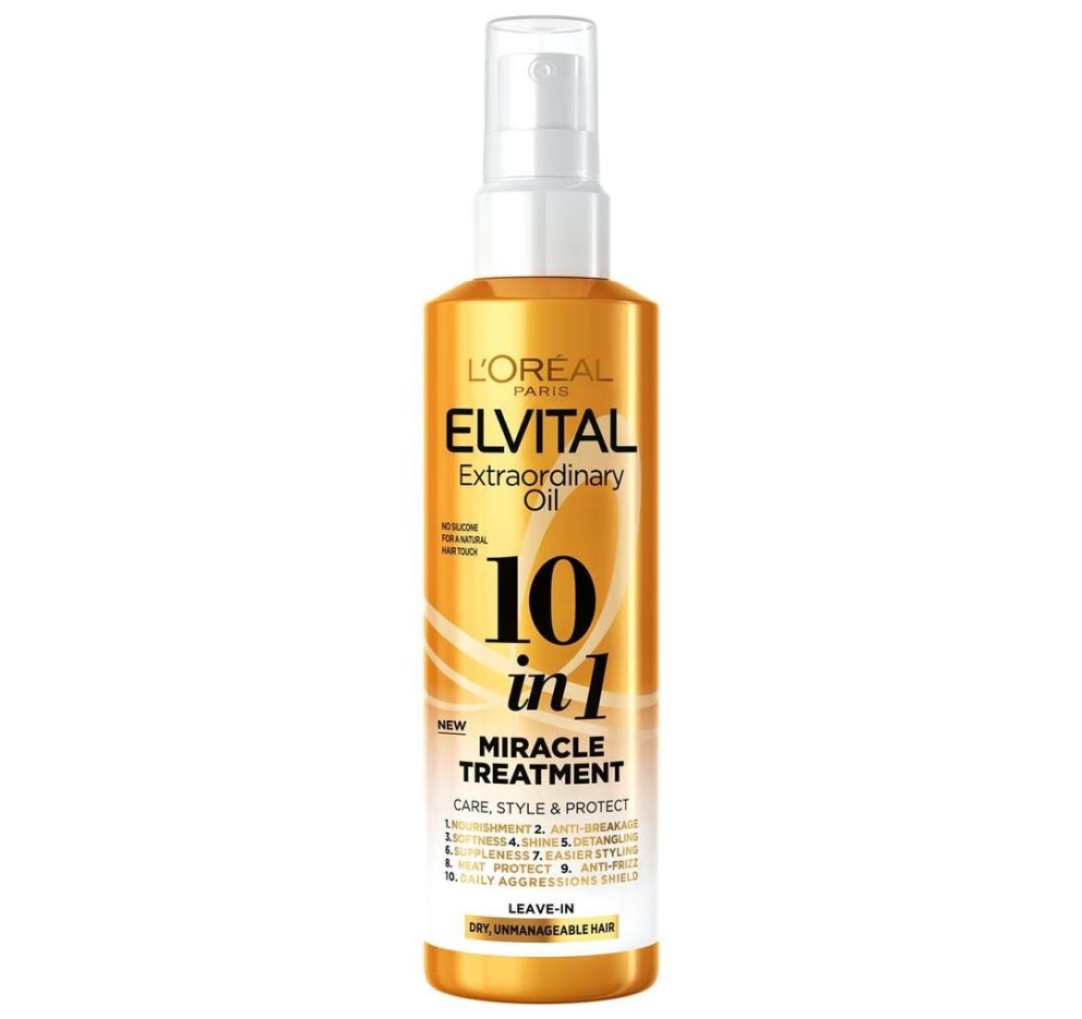 Elvital Extraordinary Oil 10-in-1 Miracle Treatment Leave-in Spray fyrir þurrt og úfið hár. Olían er rík af blómaolíu og gefur náttúrulega áferð ásamt því að næra hárið, vernda það og auðveldar þér mótun. Hagkaup, 979 kr.