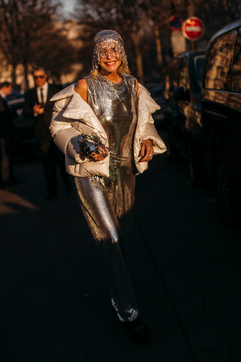 Sexí silfurlitað dress á tískuviku í París.